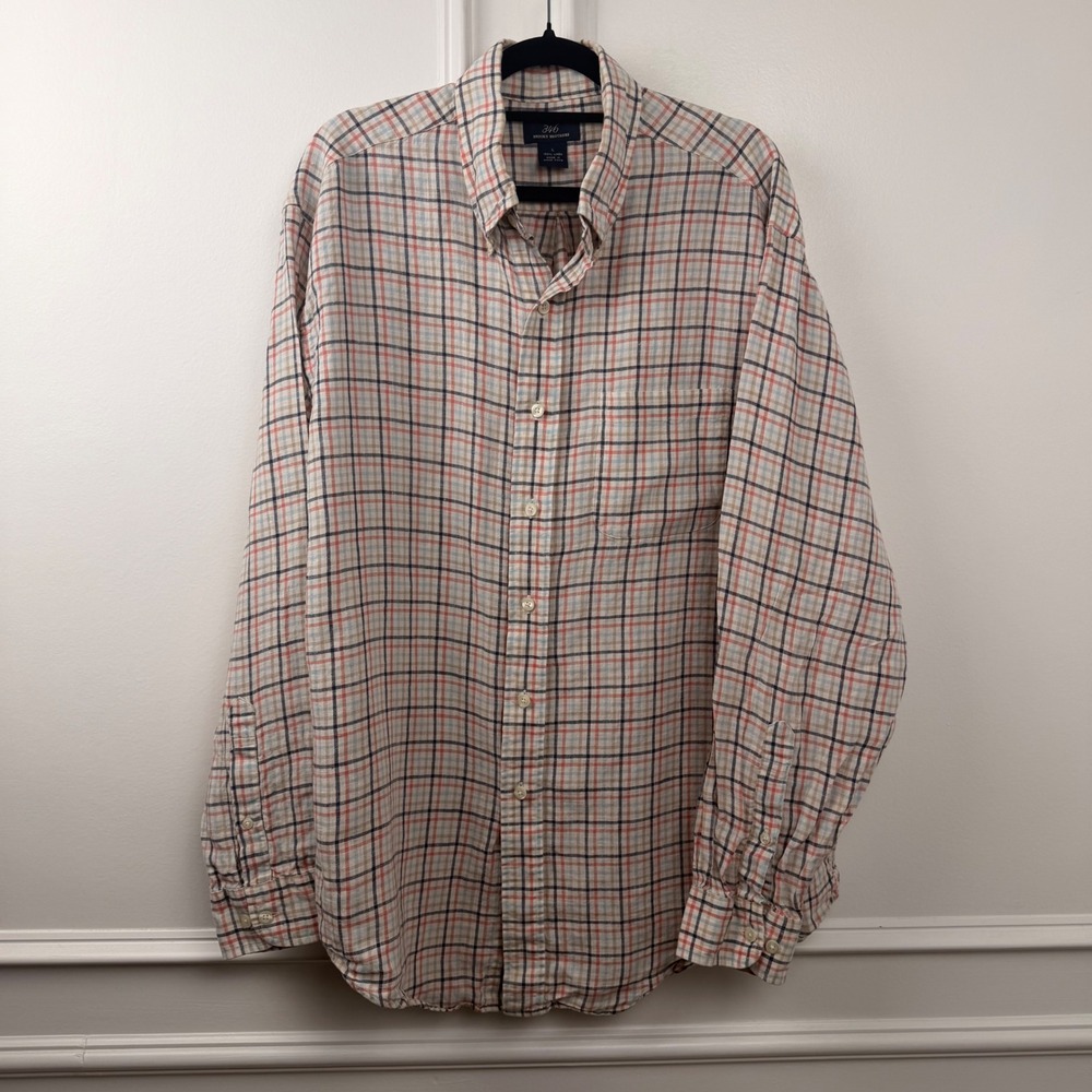 Brooks Brothers 346 Mens Linen Button Down Shirt Large Plaid Tattersall Check L